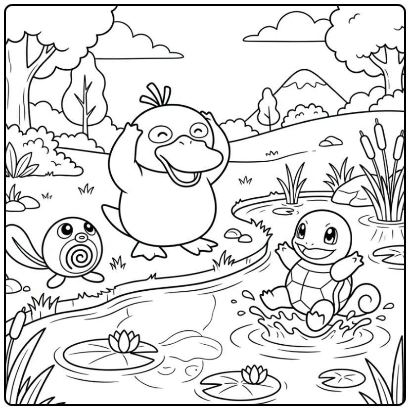 Speelse psyduck kleurplaat met Squirtle en Poliwag bij de vijver.