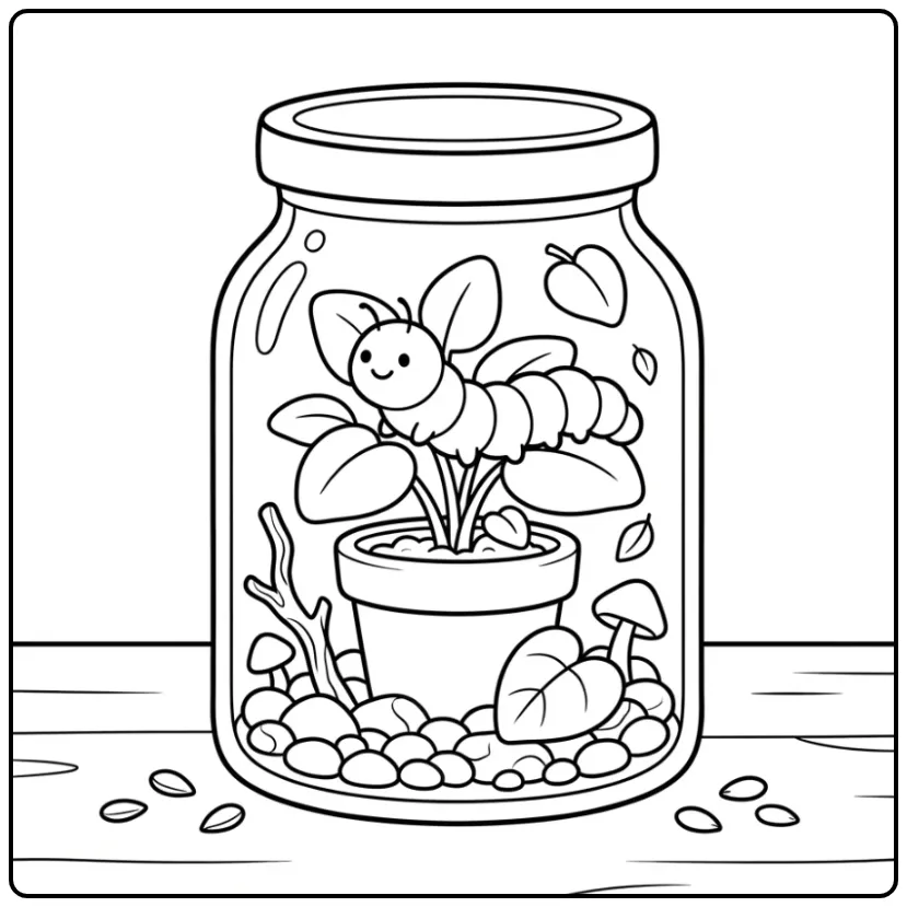 Rups kleurplaat in een glazen terrarium met plantjes en zaden.