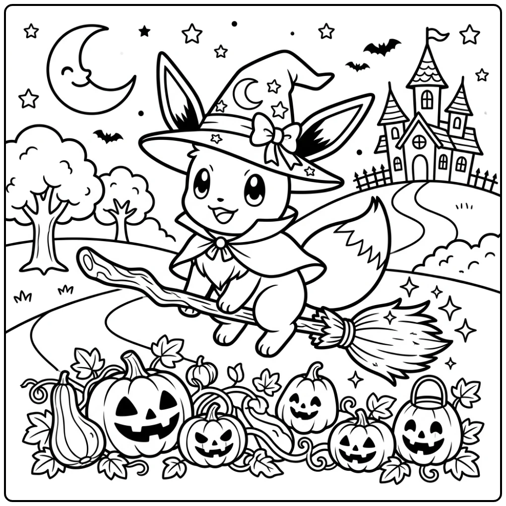 Leuke kleurplaat halloween pokemon: Eevee als heks op bezem