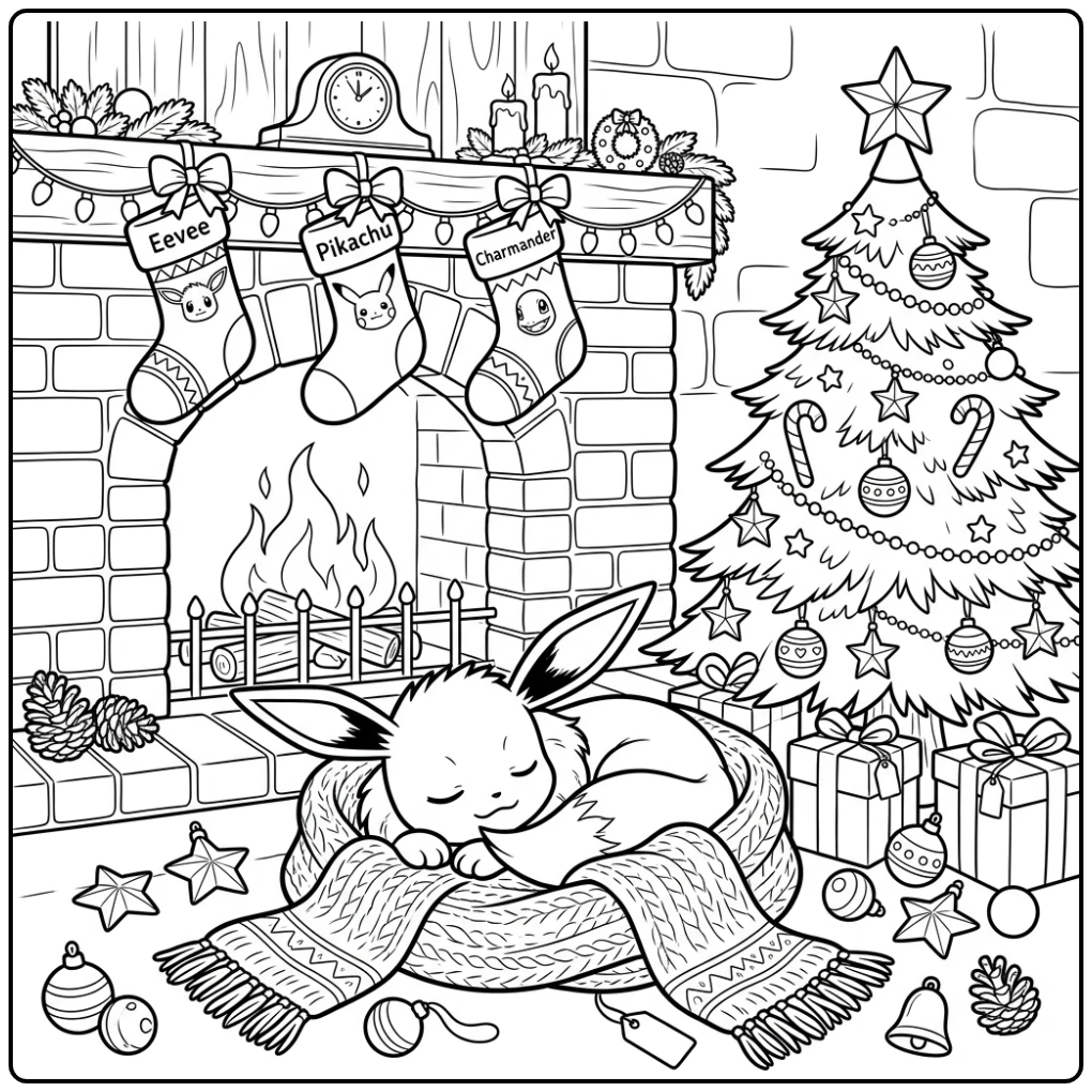 Gezellige pokemon kerst kleurplaat: Eevee in sjaal bij haard.