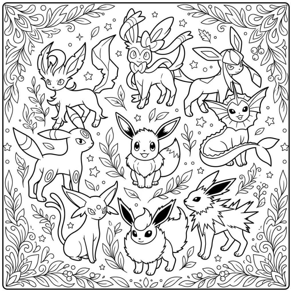 Eevee omringd door evoluties: Vaporeon, Jolteon, kleurplaat pokemon moeilijk.
