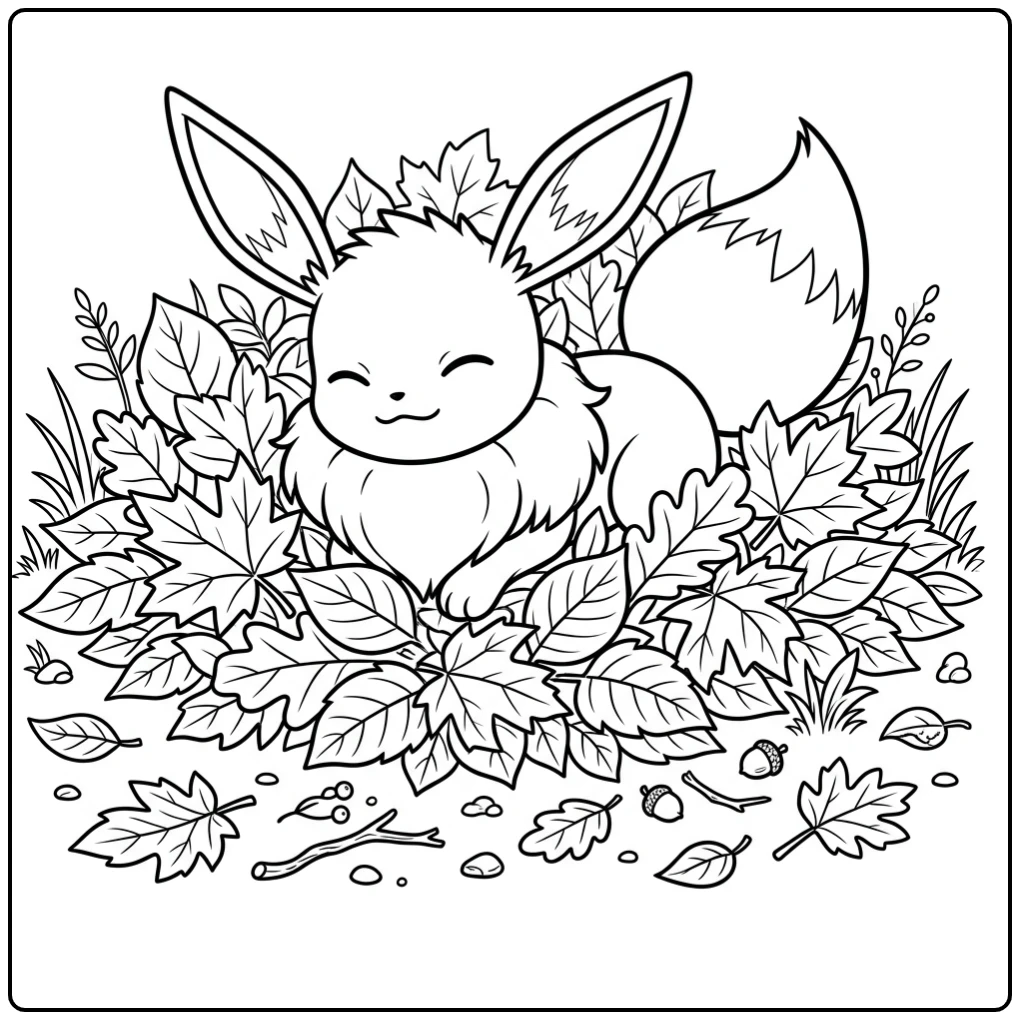 Knuffelige eevee kleurplaat: Eevee slaapt in zachte herfstbladeren