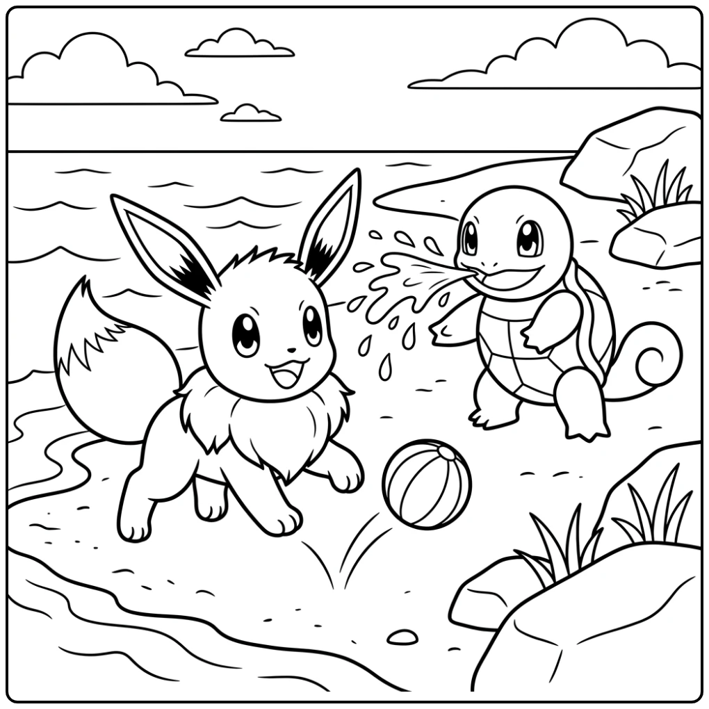 Vrolijke eevee kleurplaat met speelse Eevee en Squirtle bij water
