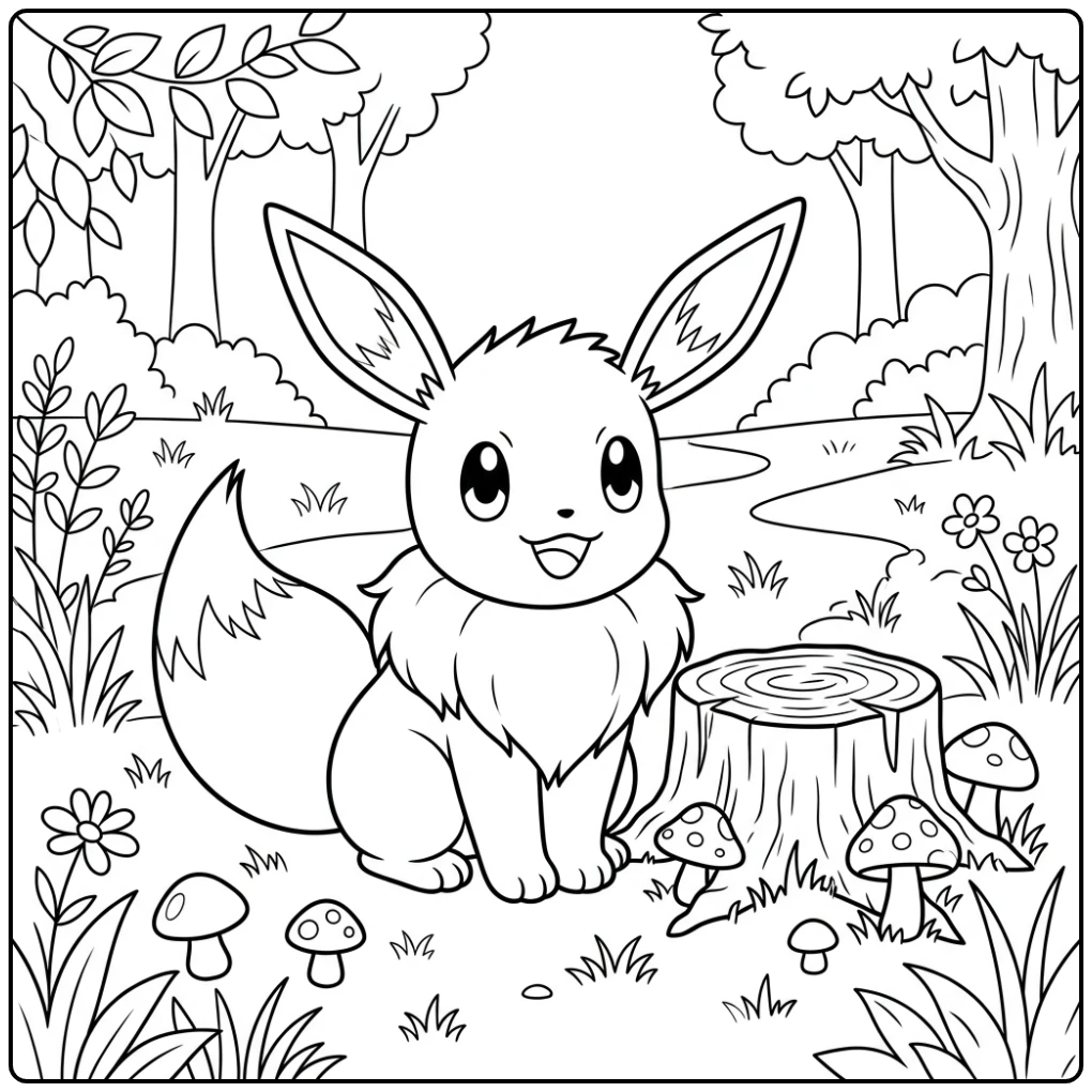 Schattige eevee kleurplaat met Eevee bij boomstronk en paddenstoelen
