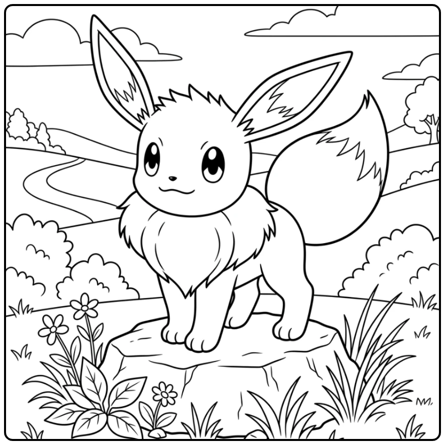 Troste Eevee kleurplaat op rots, kijkt in de verte, klaar om te kleuren.