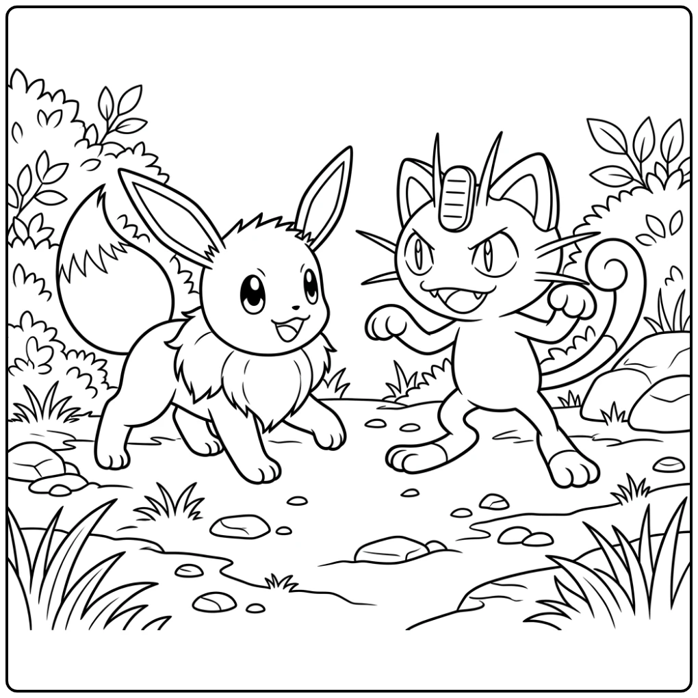 Speelse eevee kleurplaat: Eevee en Meowth in een vrolijke strijd.