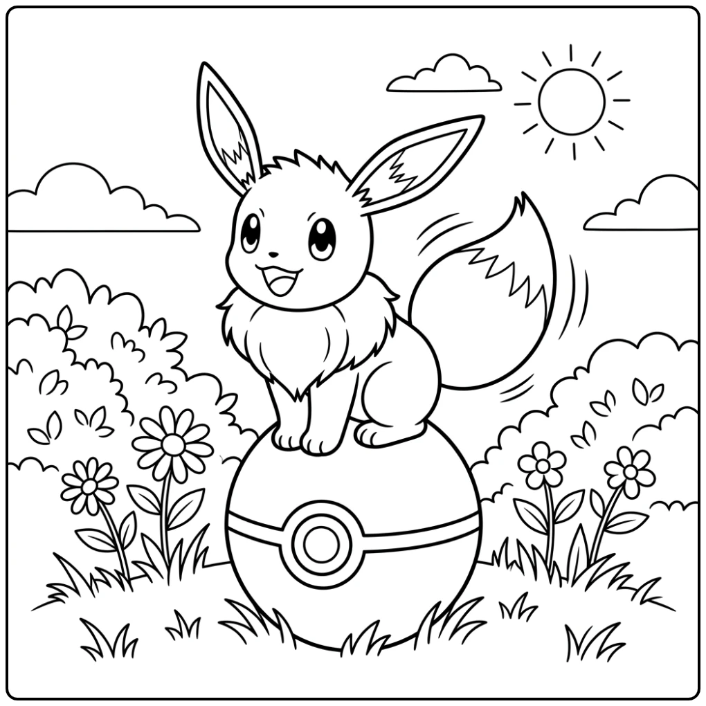Vrolijke Eevee op een pokemon bal kleurplaat, kwispelend met haar staart.