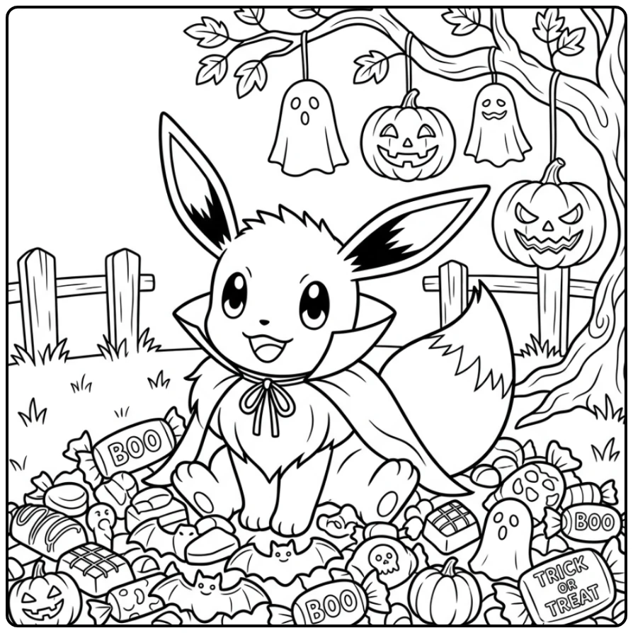 Leuke kleurplaat halloween pokemon: Eevee als vampier met snoep