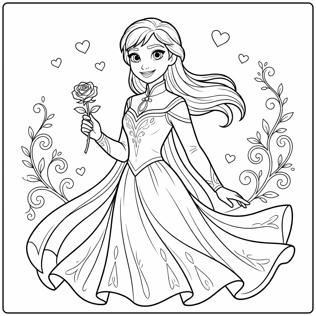 Vrolijke anna kleurplaat met een roos en mooie harten.