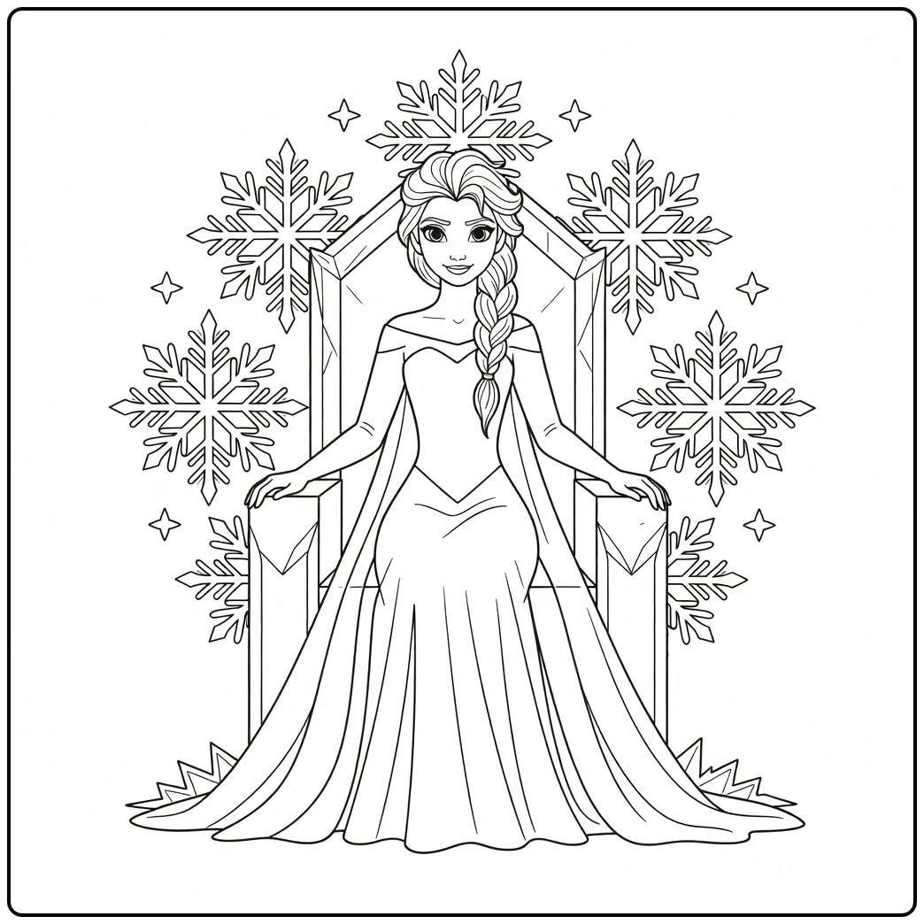 Prachtige elsa kleurplaat op een ijstroon met sneeuwvlokken.