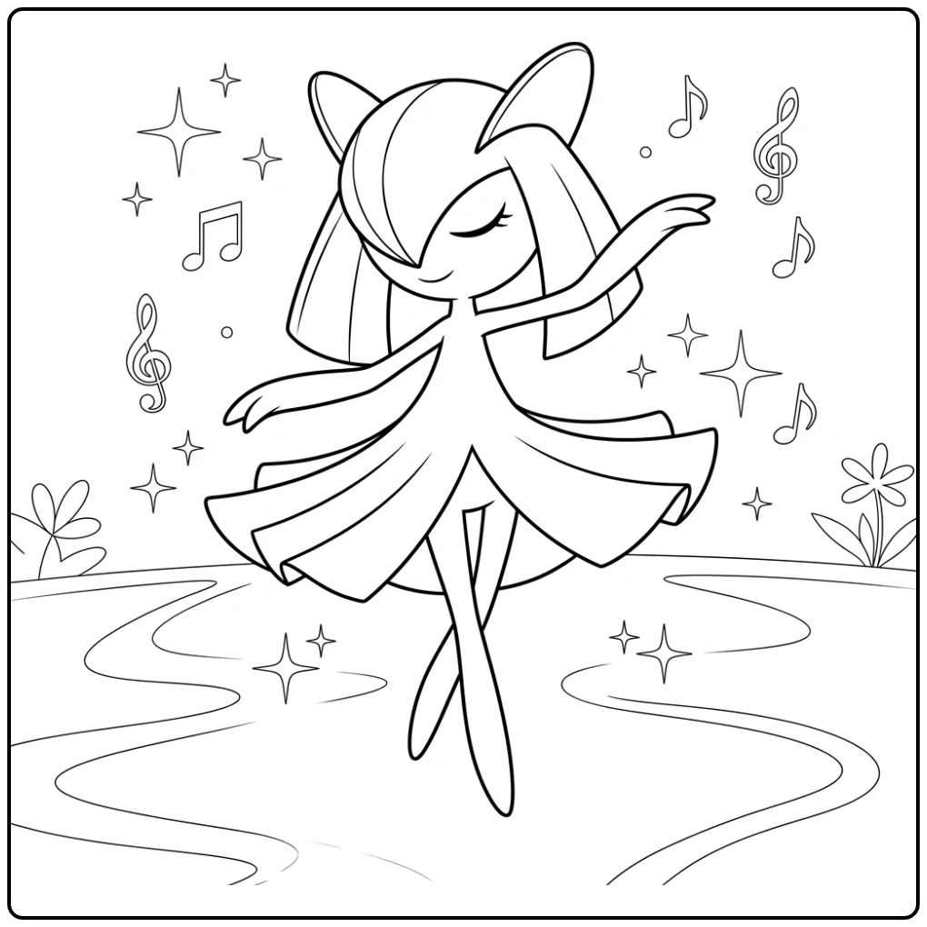 Pokemon Kirlia kleurplaat van een sierlijk dansende Kirlia.