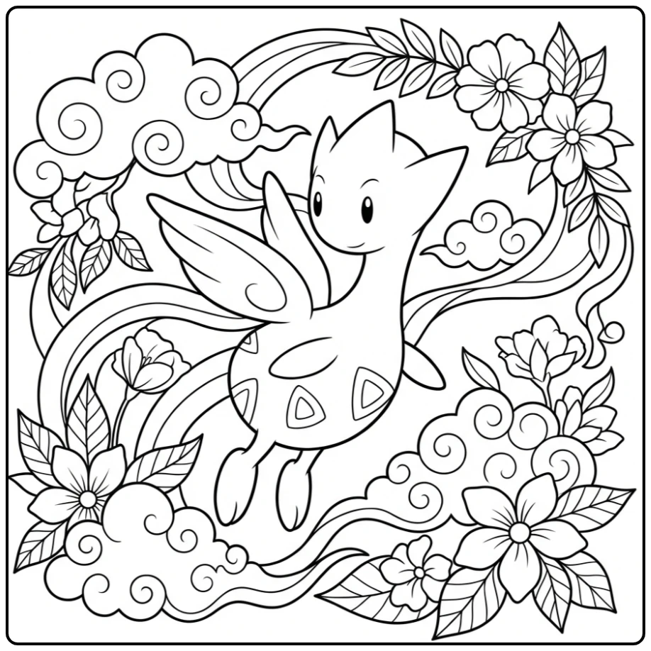 Mooie Pokemon Togetic kleurplaat met wolken en bloemen.