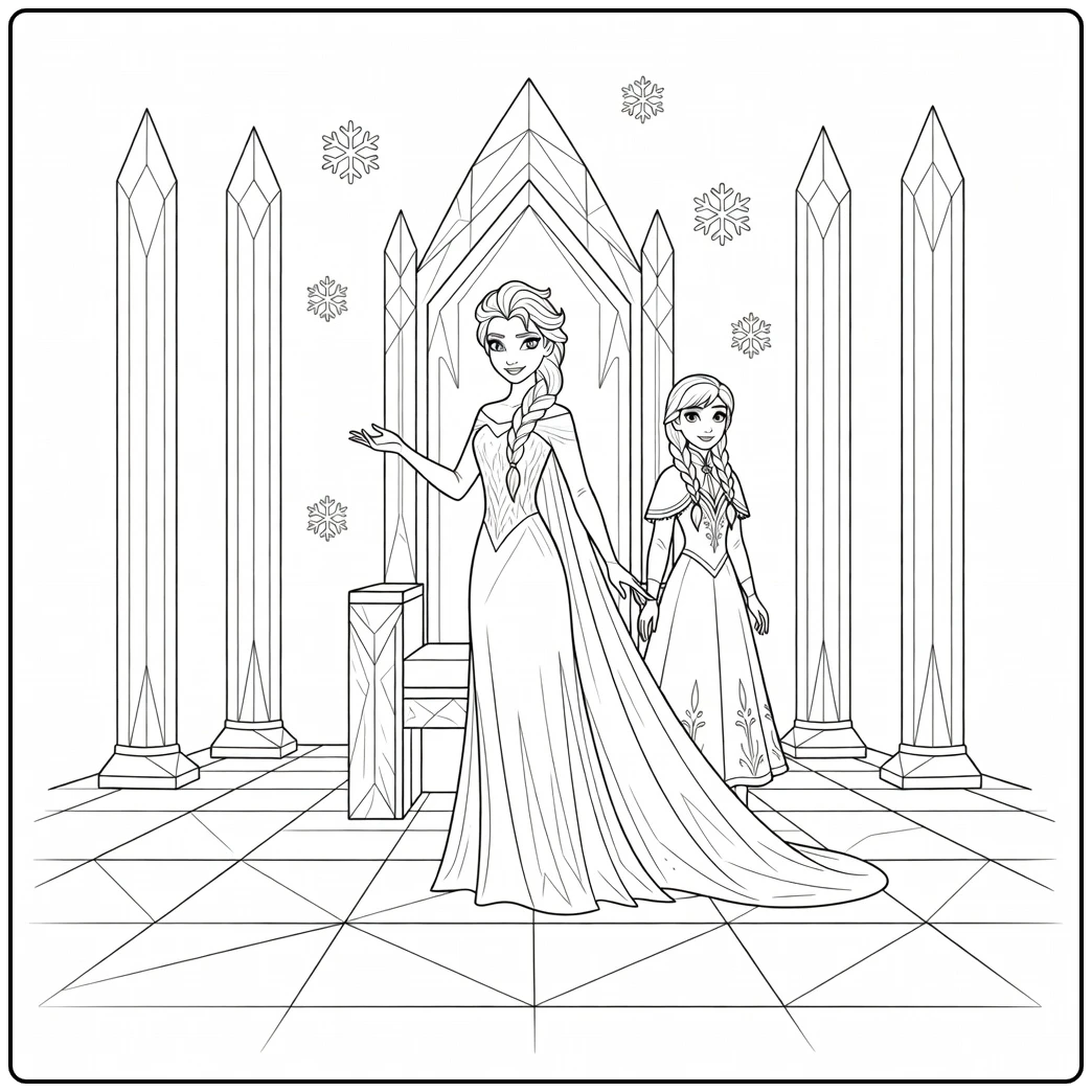 Mooie frozen kleurplaat van Elsa en Anna in het ijspaleis.