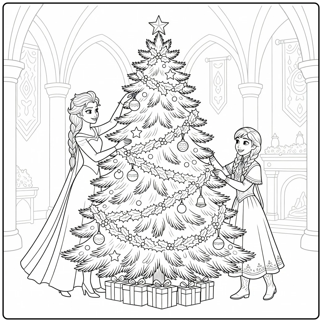 Mooie kleurplaat kerst frozen met Elsa en Anna bij de boom.