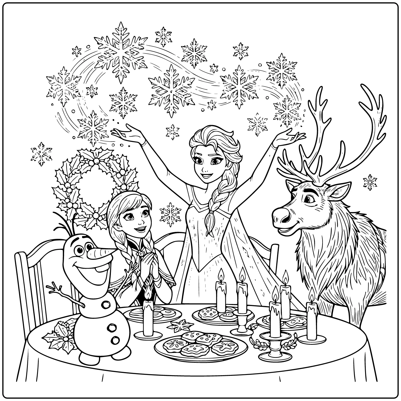 Mooie kleurplaat kerst frozen met Elsa die sneeuw maakt.