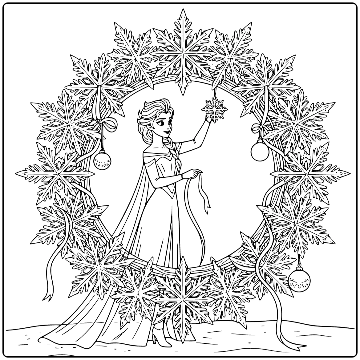 Prachtige elsa kerst kleurplaat met een ijzige krans.
