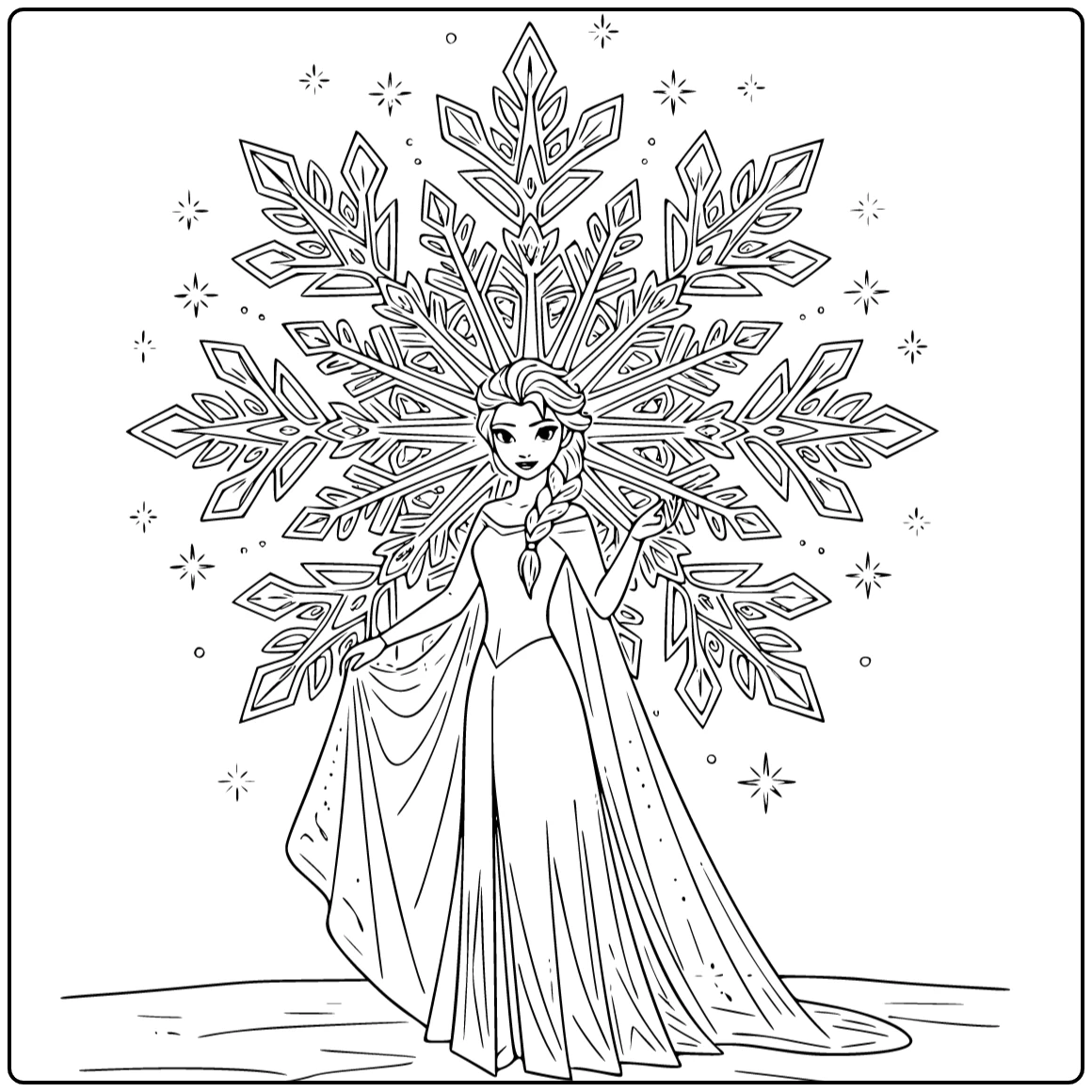 Prachtige elsa kleurplaat met een groot sneeuwvlok embleem.