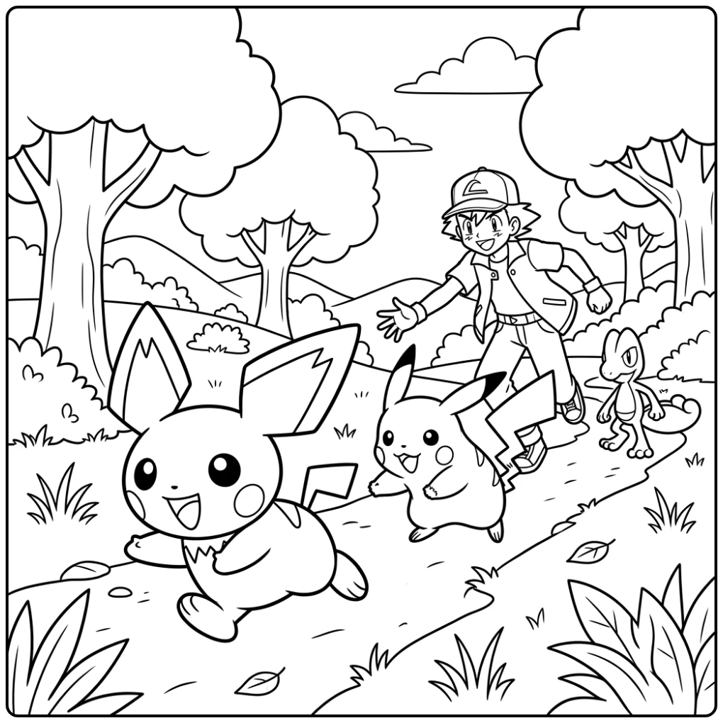 Avontuurlijke kleurplaat pichu met Pikachu, Ash en Treecko.