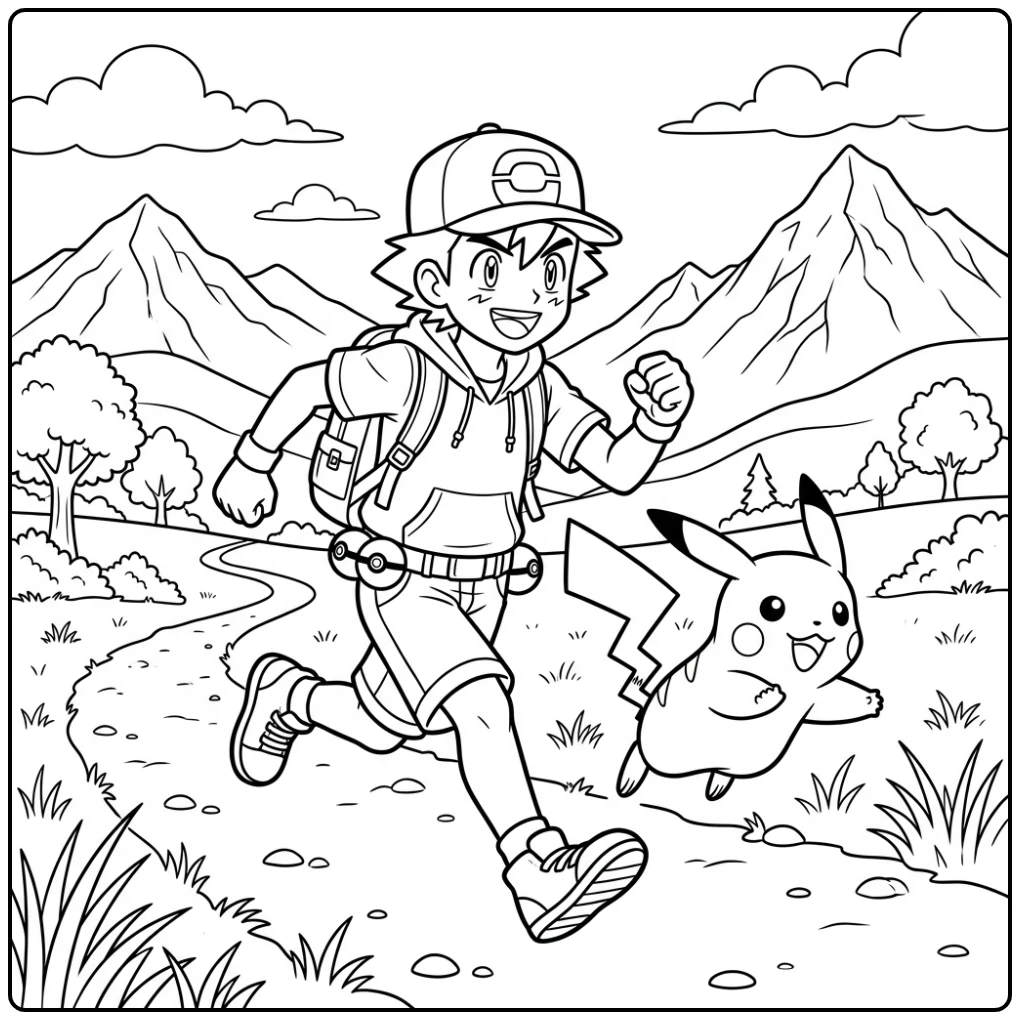 kleurplaat pokemon ash: Ash en Pikachu rennen, klaar voor avontuur