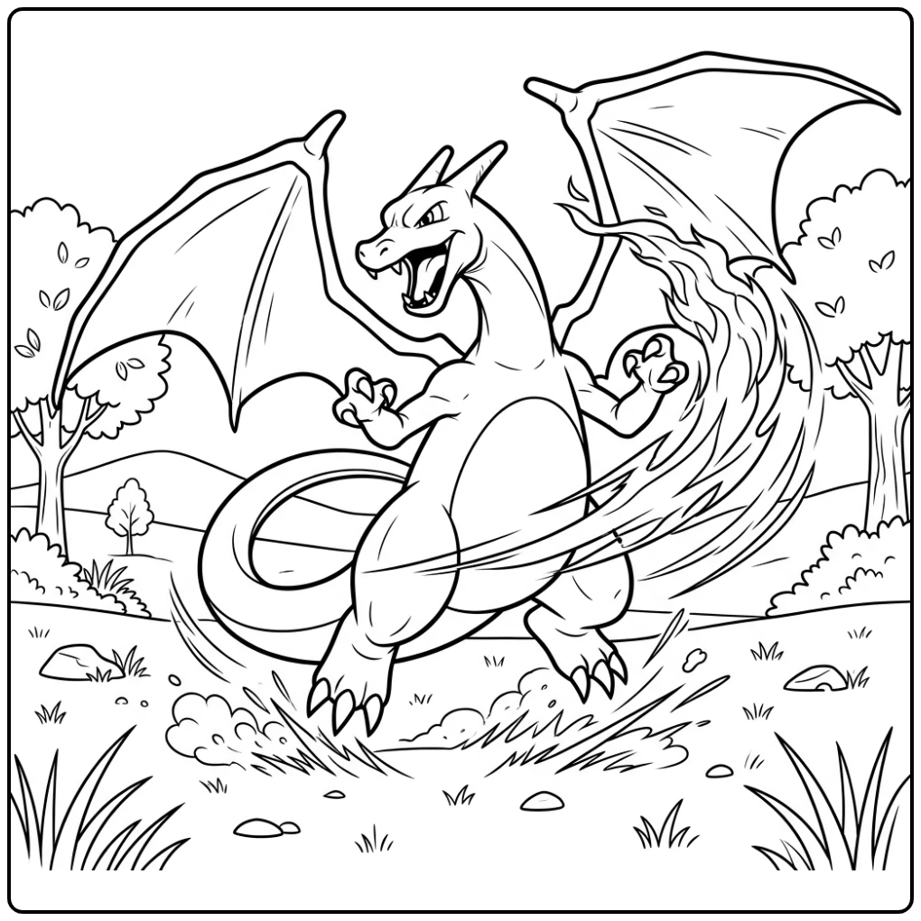 Dynamische pokemon kleurplaat charizard x in actie op open veld