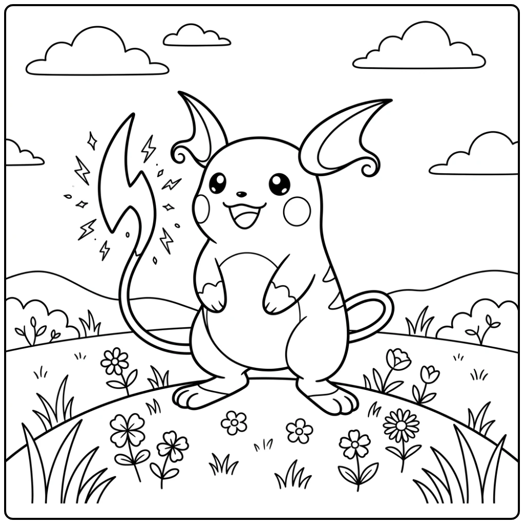 Vrolijke raichu kleurplaat: bliksemvonken op een grasheuvel.