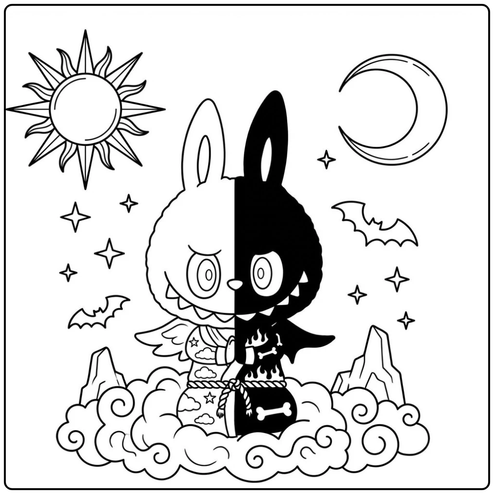 Tweeling kleurplaat met een half engel, half duivel konijn.