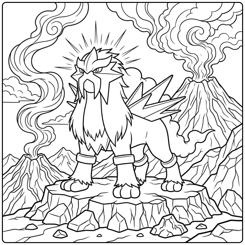 Entei pokemon kleurplaat: majestueuze Entei op vulkaanplateau.