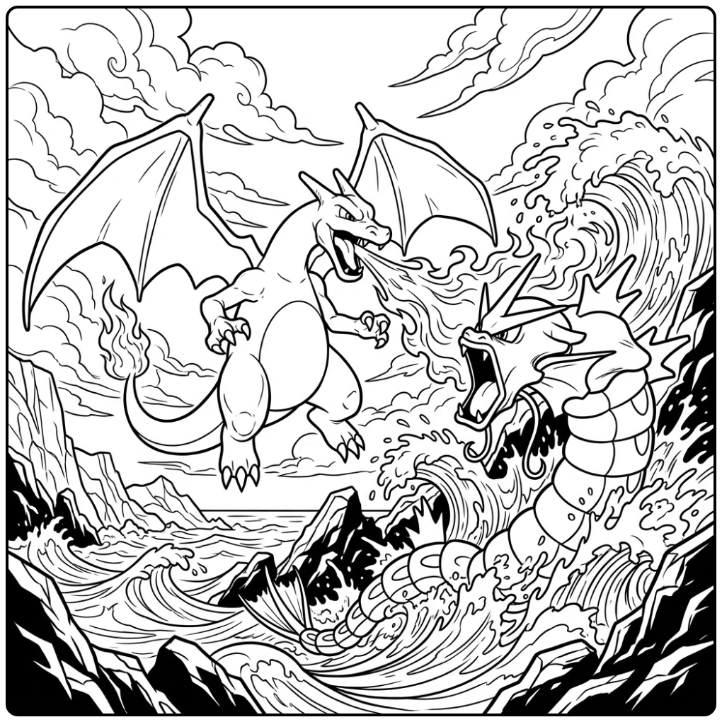 Actievolle pokemon kleurplaat charizard moeilijk vs Gyarados aan ruige kust