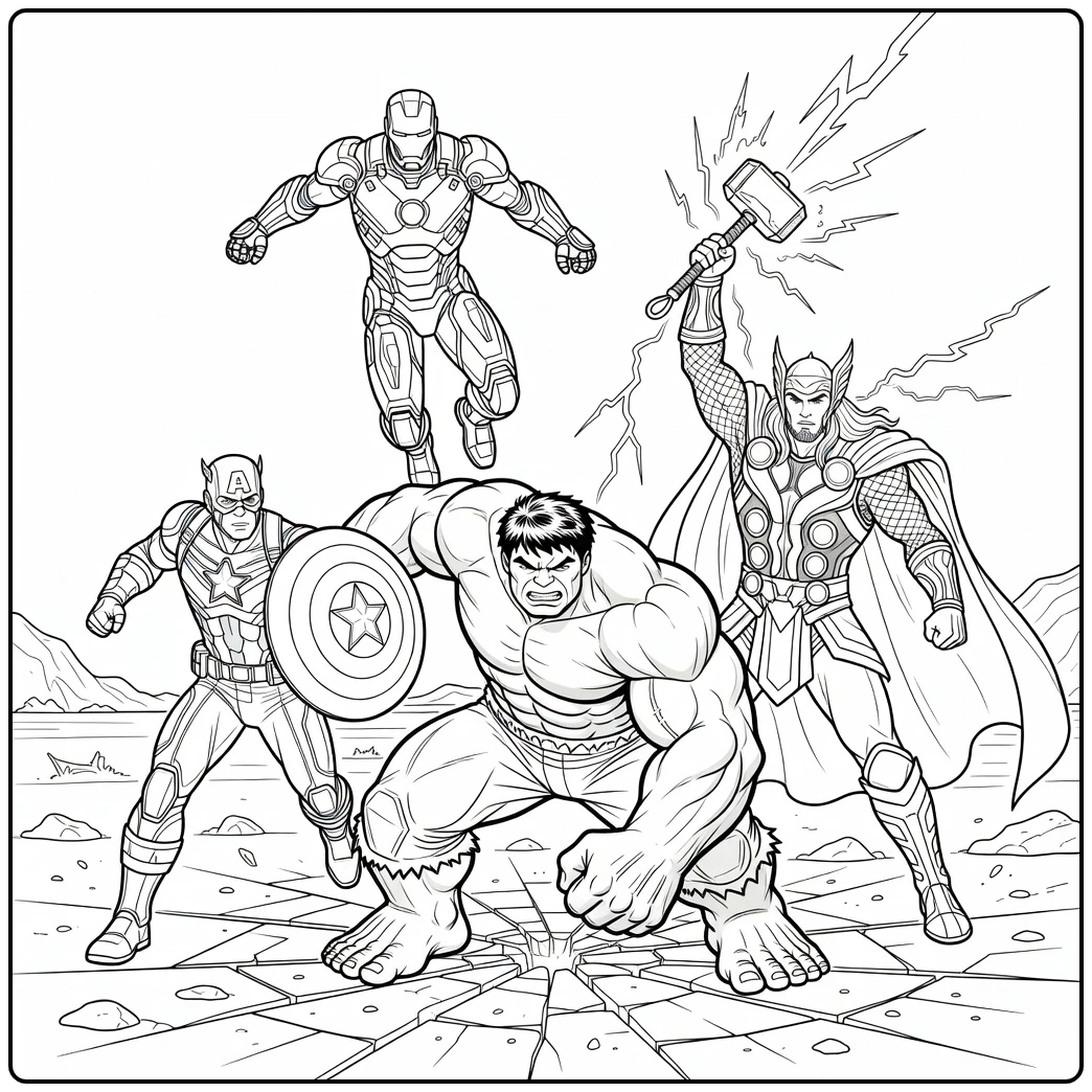 Actievolle avengers kleurplaat met Iron Man, Hulk en Thor.