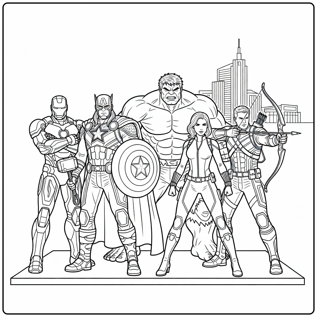 avengers kleurplaat met Iron Man, Thor, Hulk en het team.