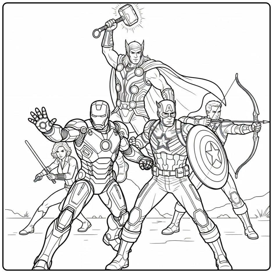 Actievolle avengers kleurplaat met Iron Man en helden