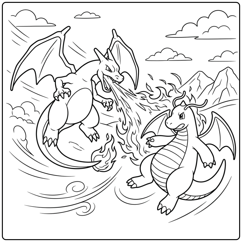 Actievolle charizard kleurplaat: vliegend gevecht met Dragonite.