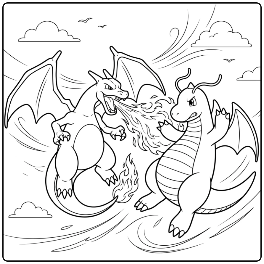 Charizard kleurplaat: dynamisch gevecht met Dragonite in de lucht