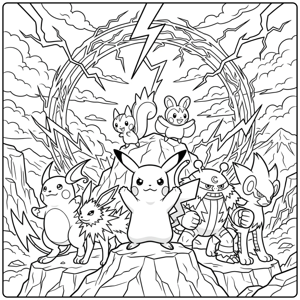 Pikachu en elektrische vrienden: kleurplaat pokemon moeilijk met bliksem