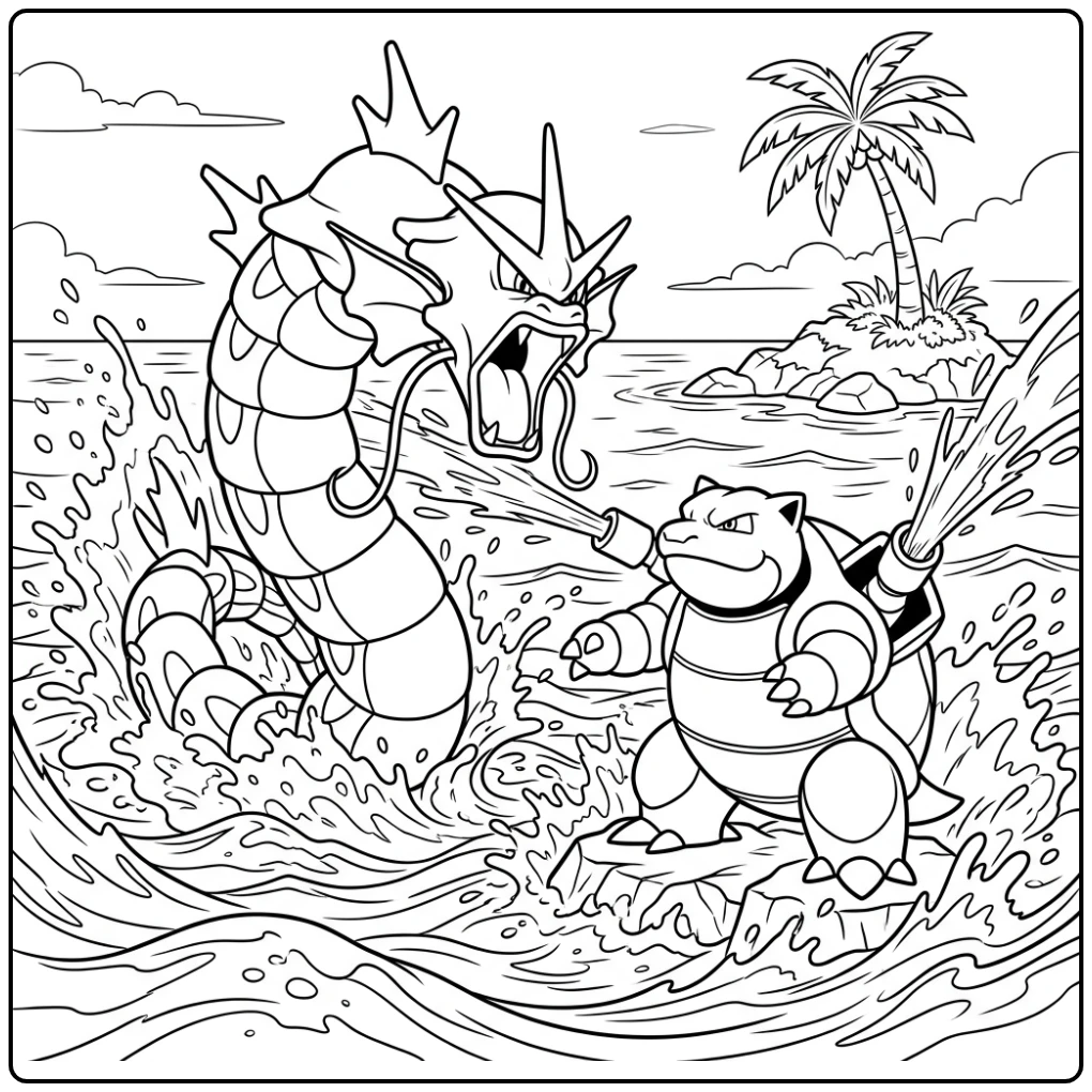 Actievolle gyarados kleurplaat: Gyarados vecht met Blastoise in zee.