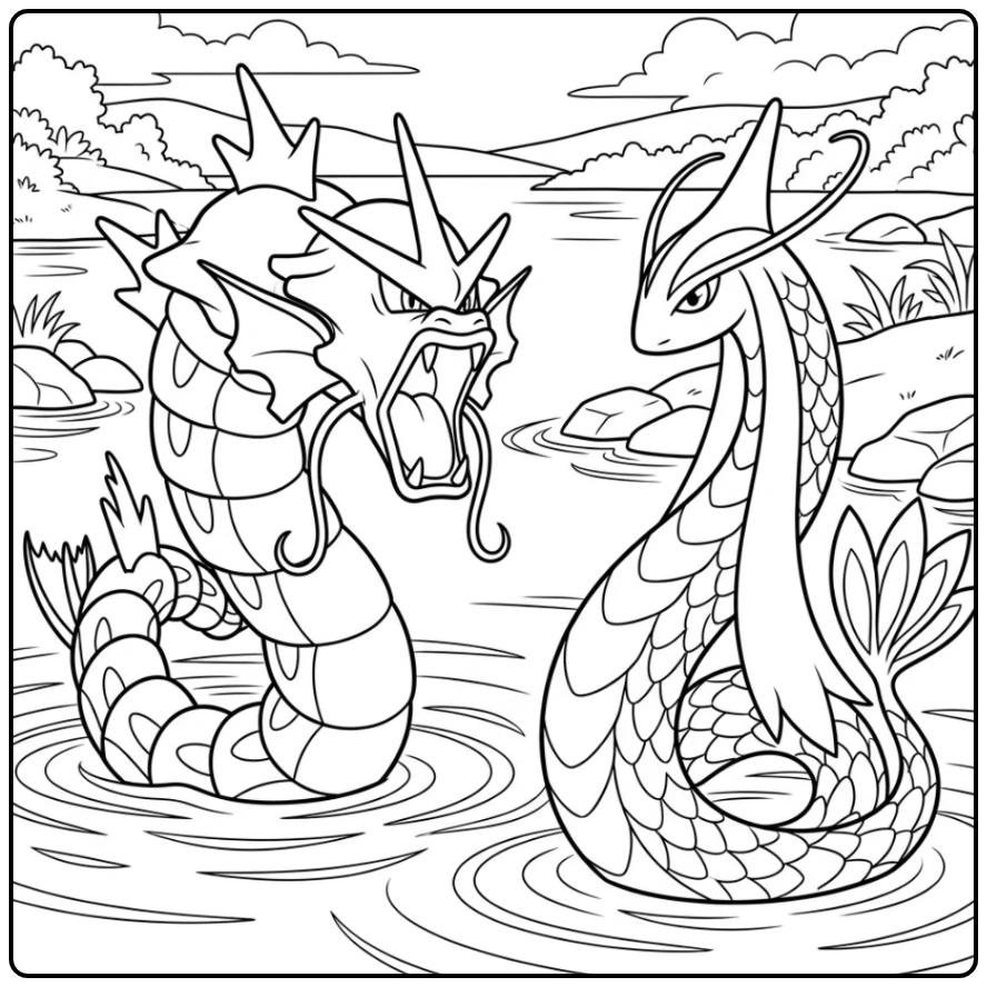 Dramatische gyarados kleurplaat: Gyarados brult tegen Milotic