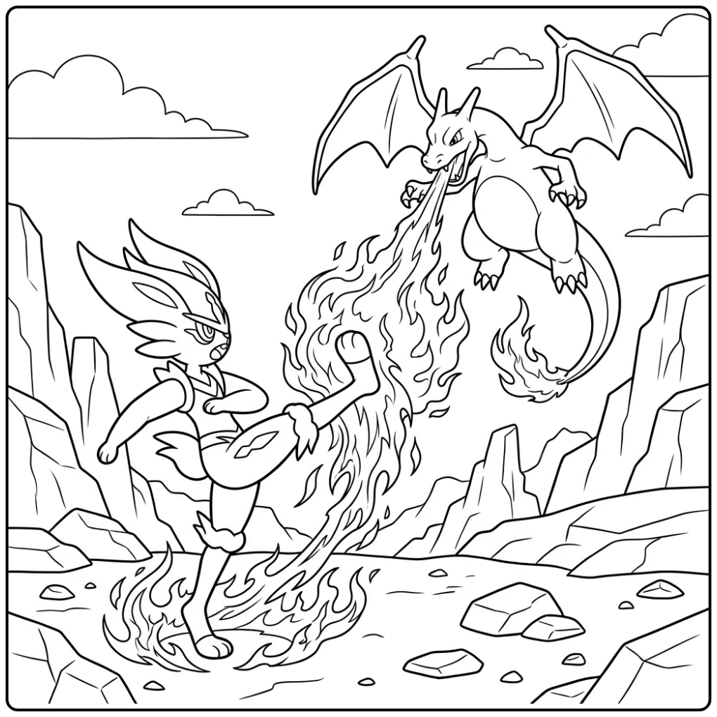 Dynamische kleurplaat pokemon cinderace tegen charizard gevecht