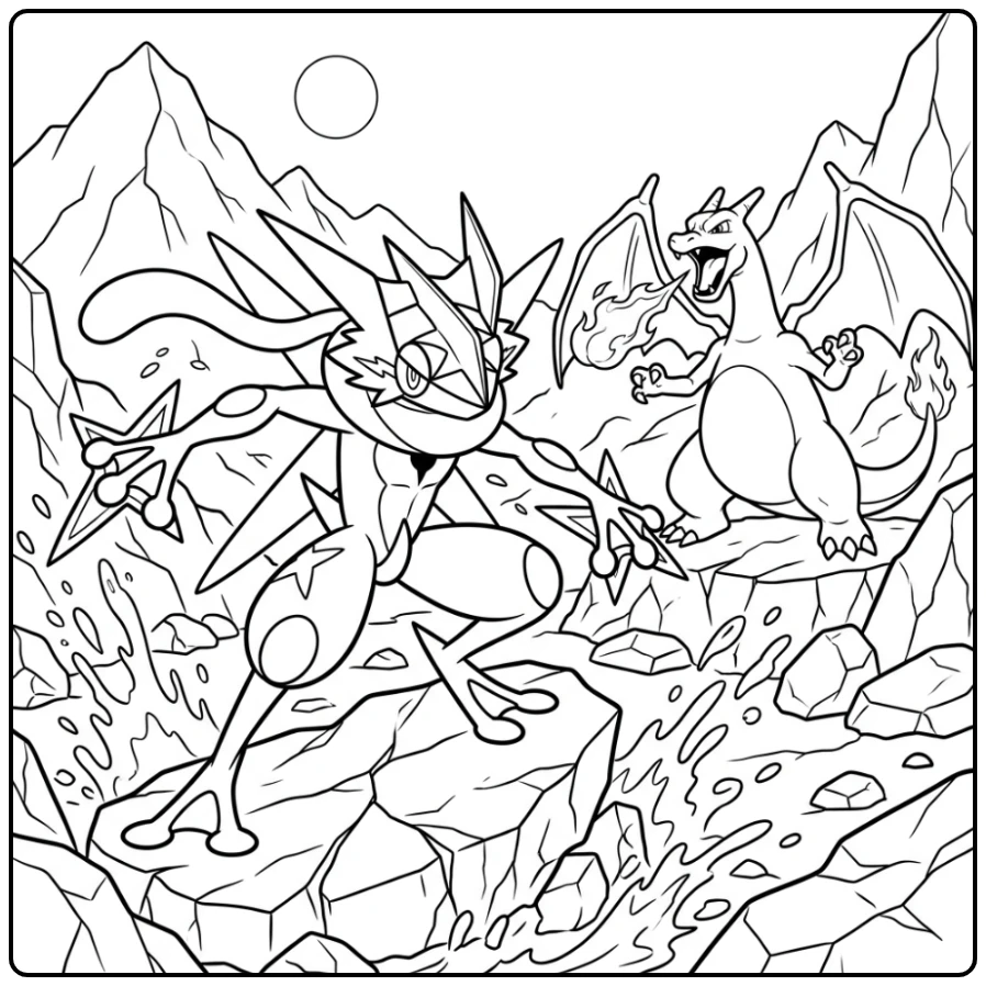 Actievolle kleurplaat pokemon mega greninja op rotsachtig slagveld.