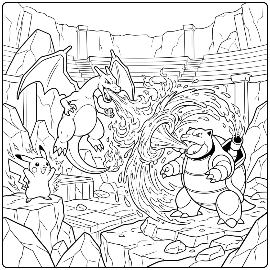 Dynamische kleurplaat pokemon moeilijk: Charizard vs Blastoise arena