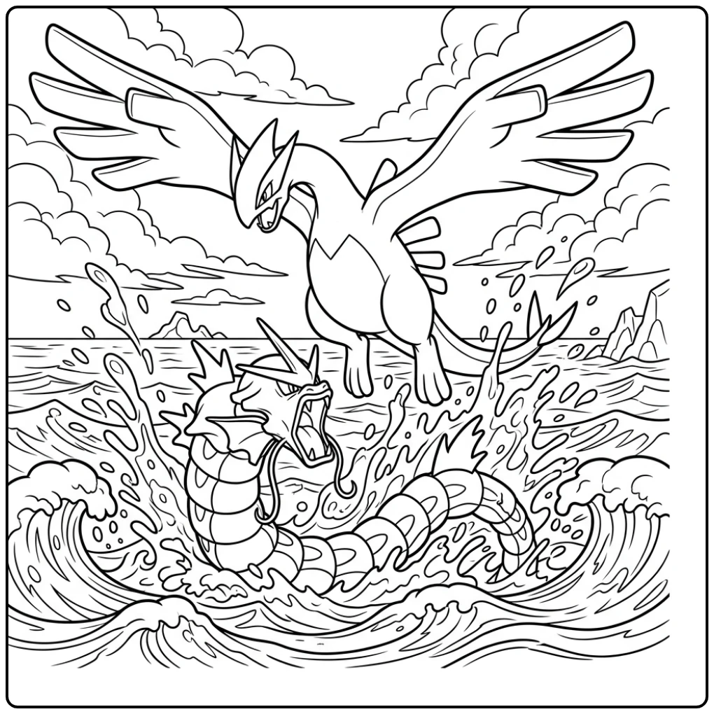 Lugia en Gyarados: een kleurplaat pokemon moeilijk zeestrijd.