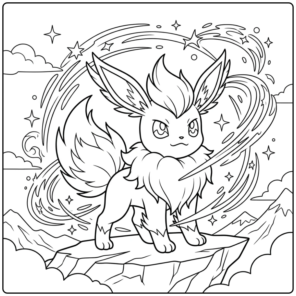 Kleurplaat pokemon schattig eevee: Mega Eevee met wervelende energieringen.