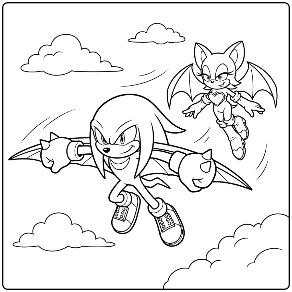 Knuckles kleurplaat: Knuckles zweeft met Rouge tussen wolken.