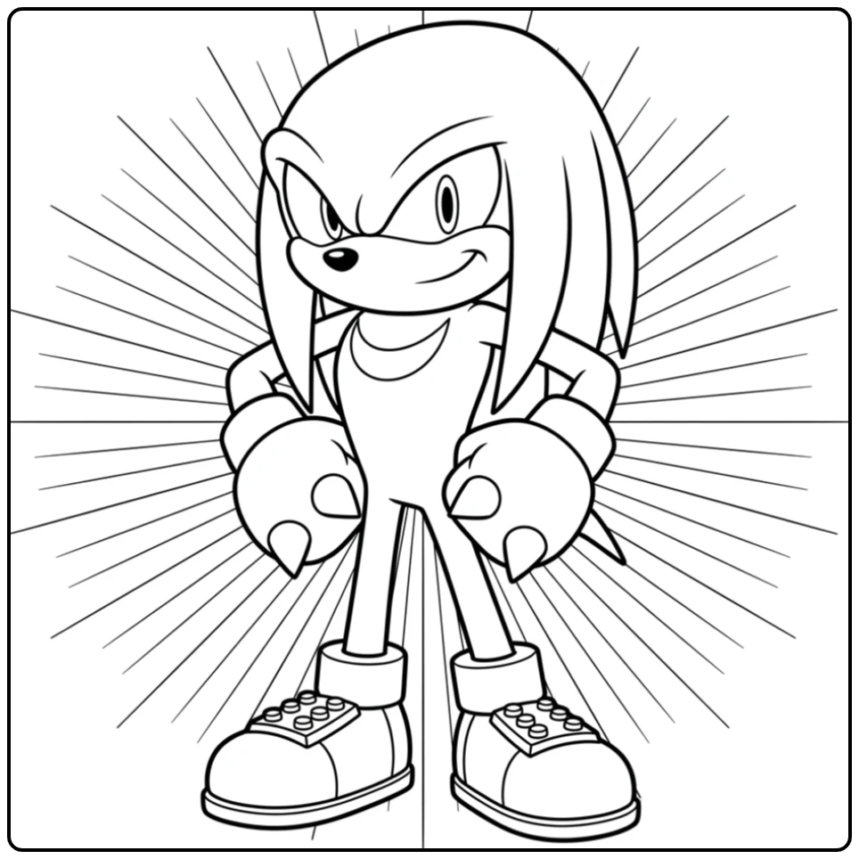 Knuckles kleurplaat: heldhaftige Knuckles met vuisten in de zij poseert trots.