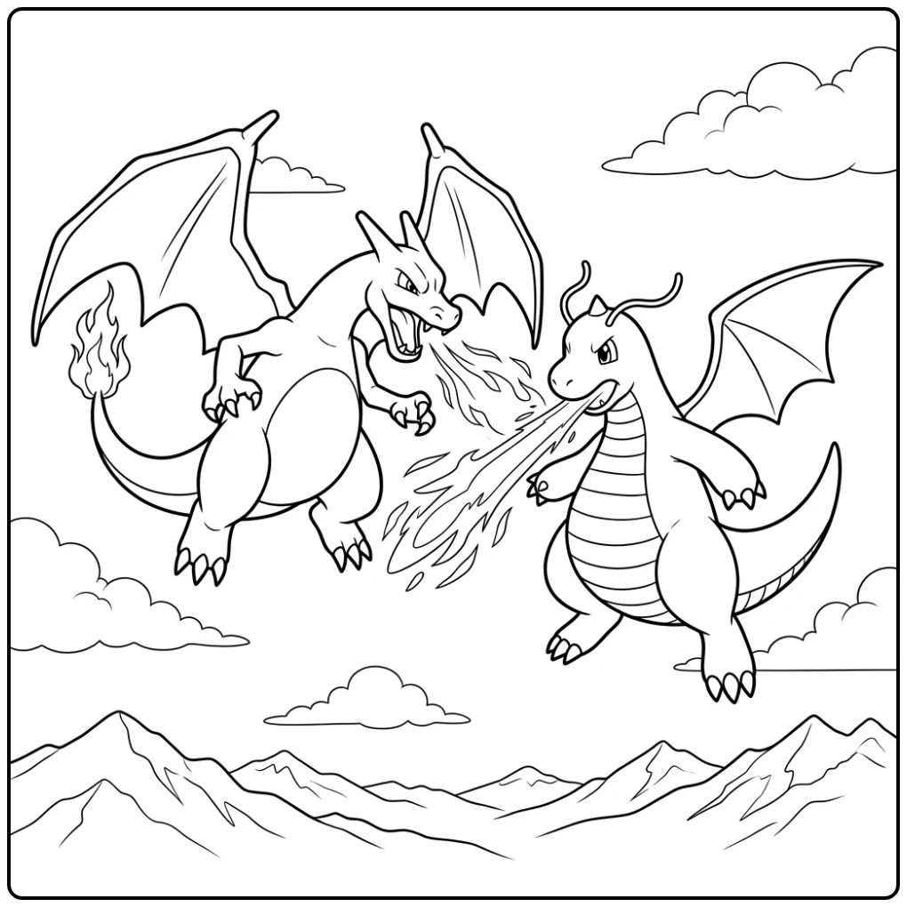 Dynamische pokemon kleurplaat charizard x strijdt met Dragonite in de lucht.