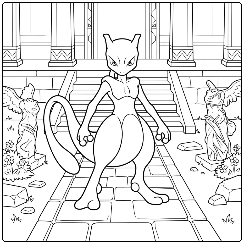 Gedetailleerde mewtwo kleurplaat in een oude tempel.