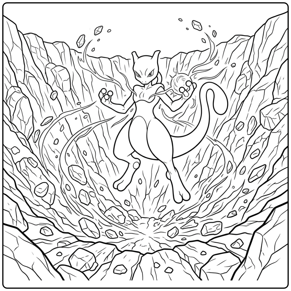 Zwevende mewtwo kleurplaat met stenen in een krater.