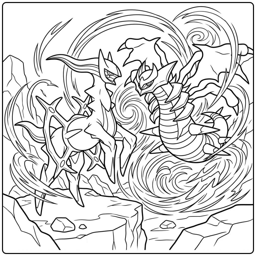 Dynamische pokemon kleurplaat arceus en Giratina strijdscene.