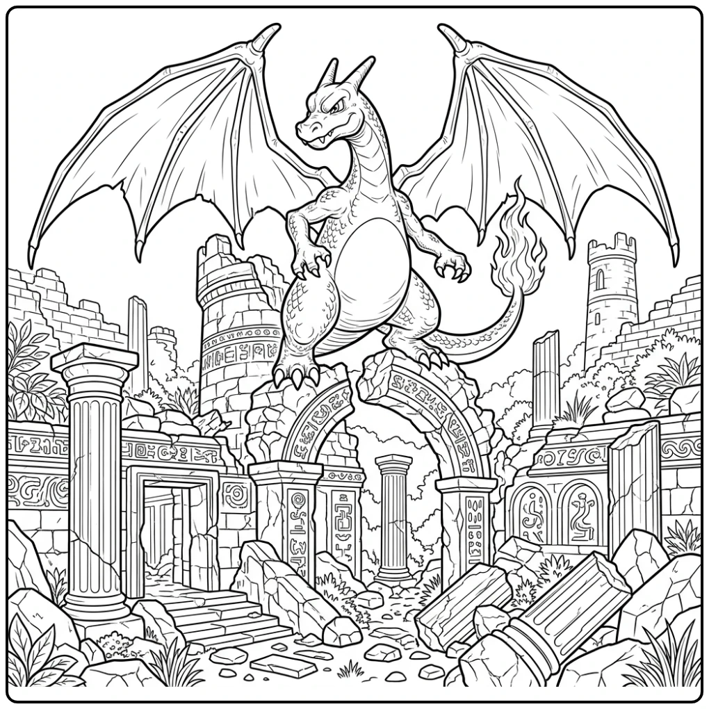 Charizard majestueus op ruïnes, een pokemon kleurplaat charizard moeilijk