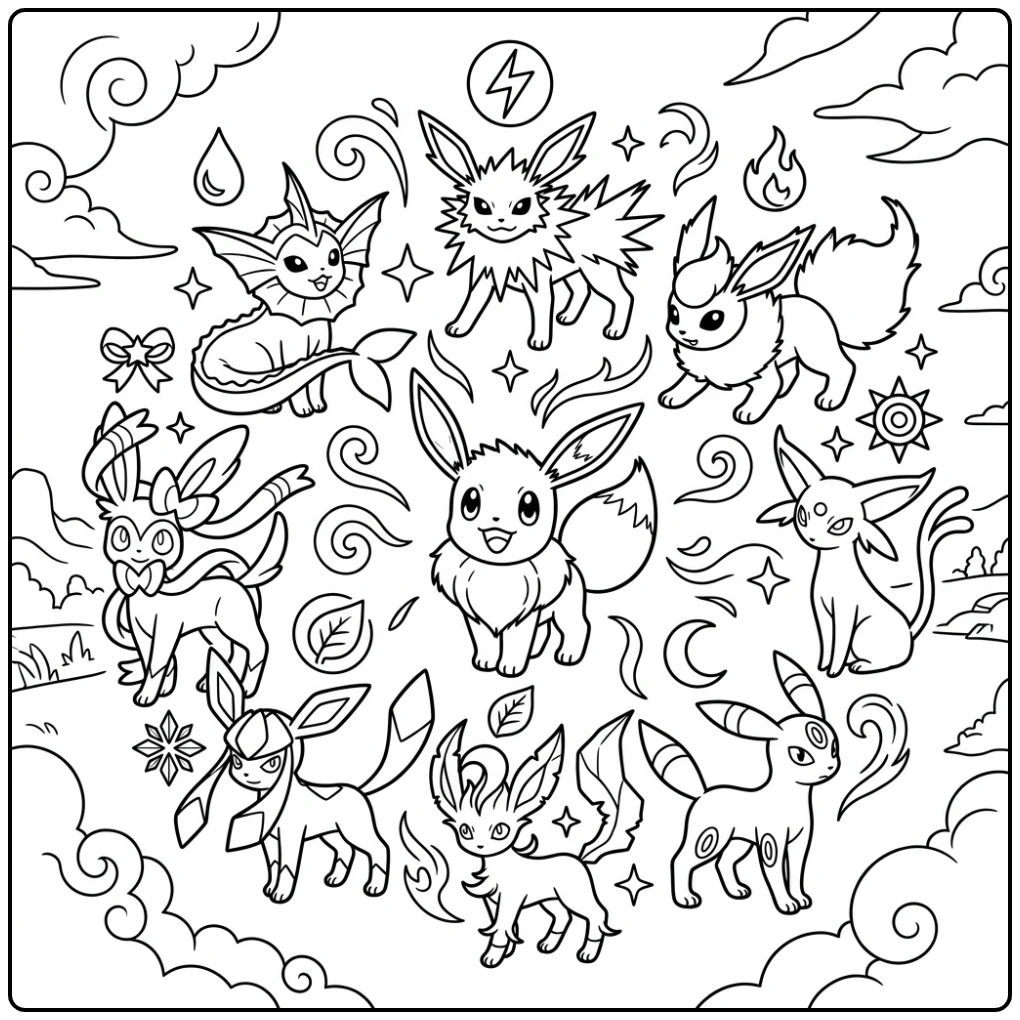 Trotse Eevee omringd door pokemon kleurplaat eevee evolutions symbolen