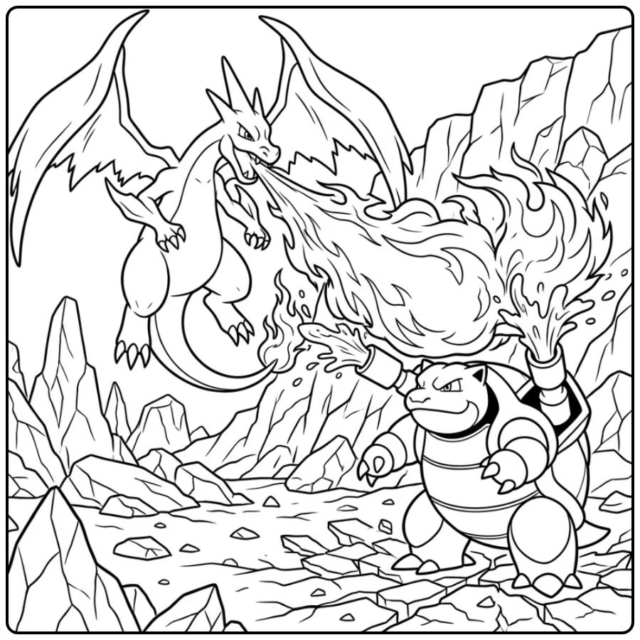 Actievolle pokemon kleurplaat mega charizard y vs Blastoise gevecht.